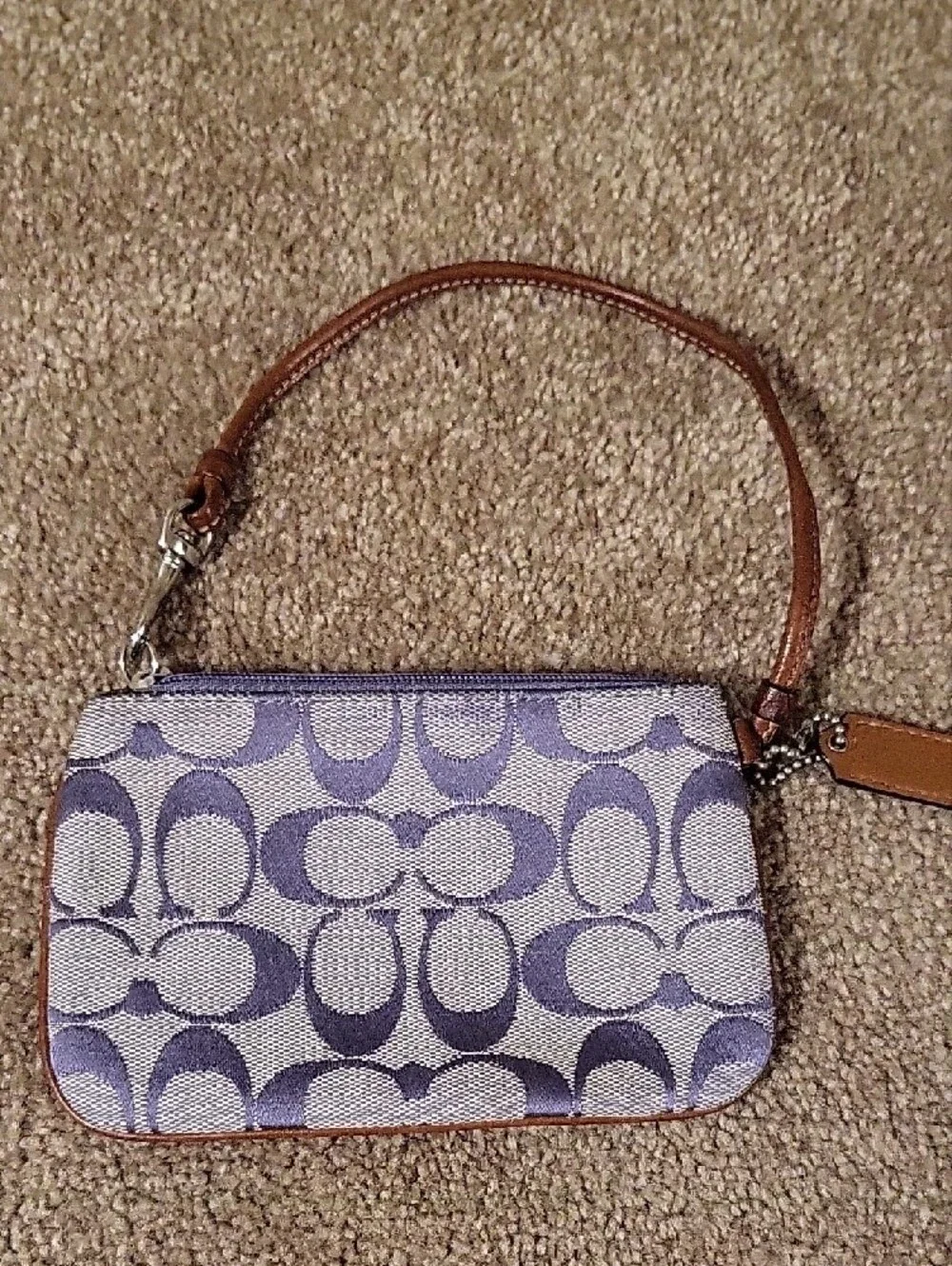 Coach Lavender Signature Canvas Wristlet with Tan Leather Trim